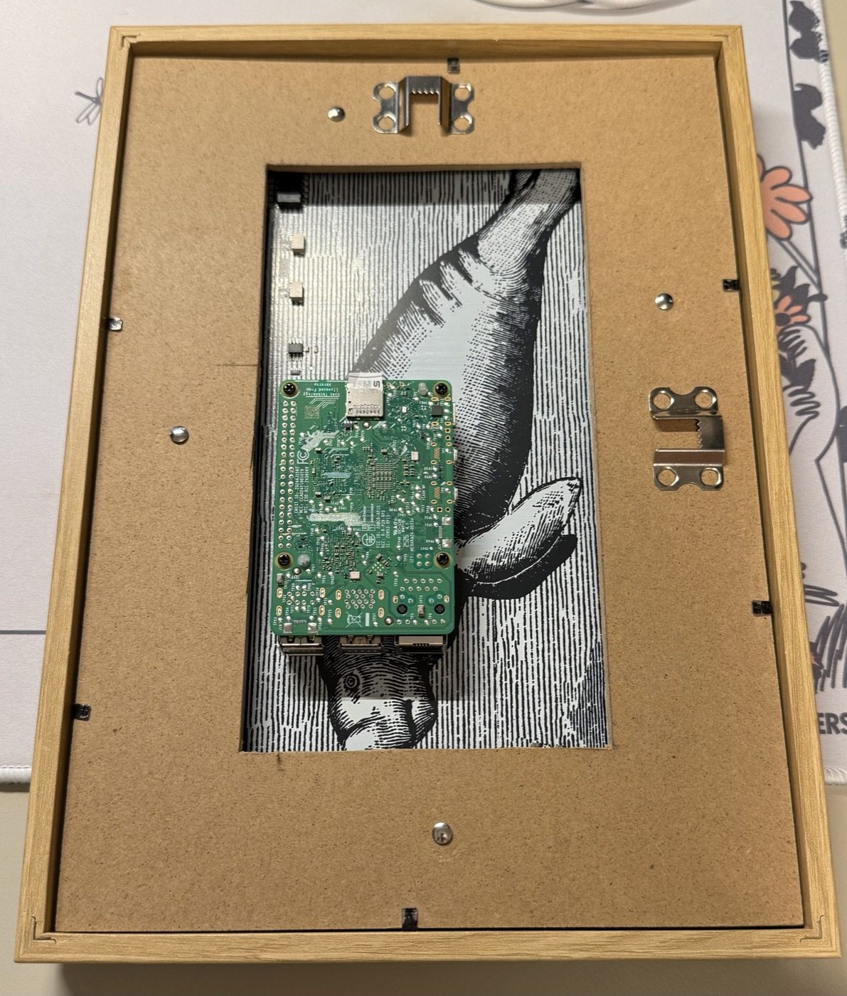 The back of the frame, with a hole cut in the backing board around the Pi