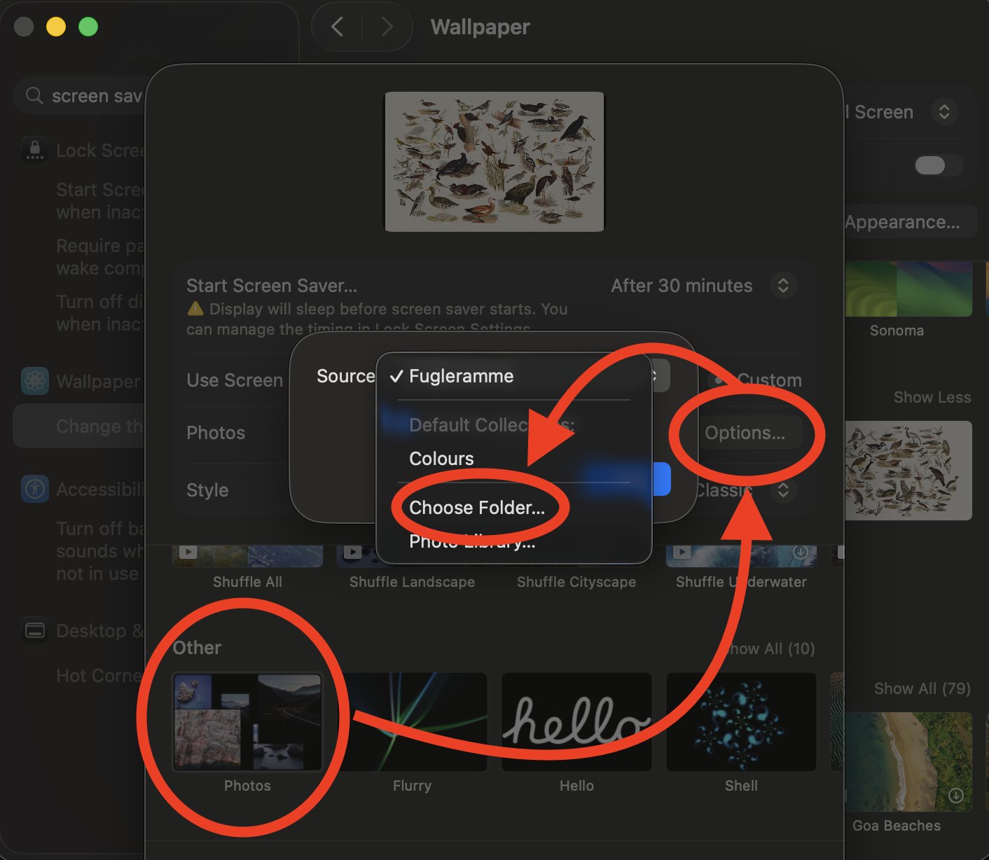 The screen saver settings: Photos under Other, then Options, Source and Choose Folder