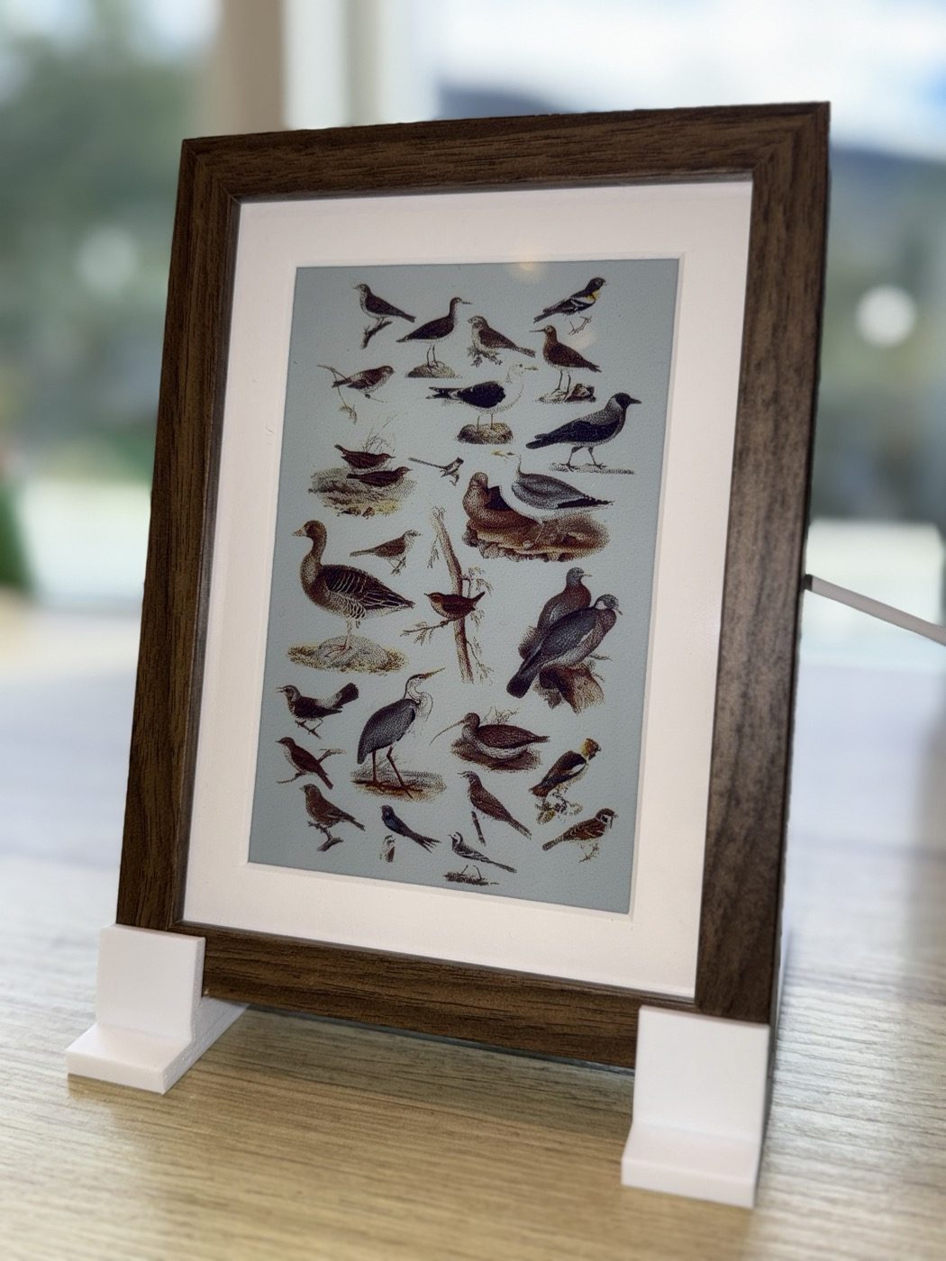 The 7.3" frame standing on printed feet, showing a collage