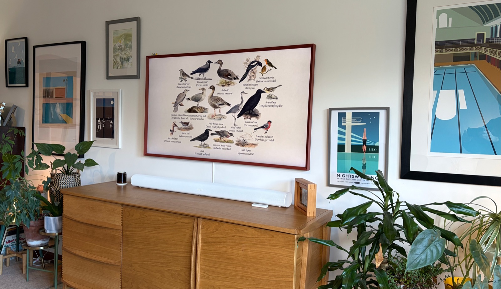 A Samsung Frame showing a Fugleramme collage among framed artwork in a living room